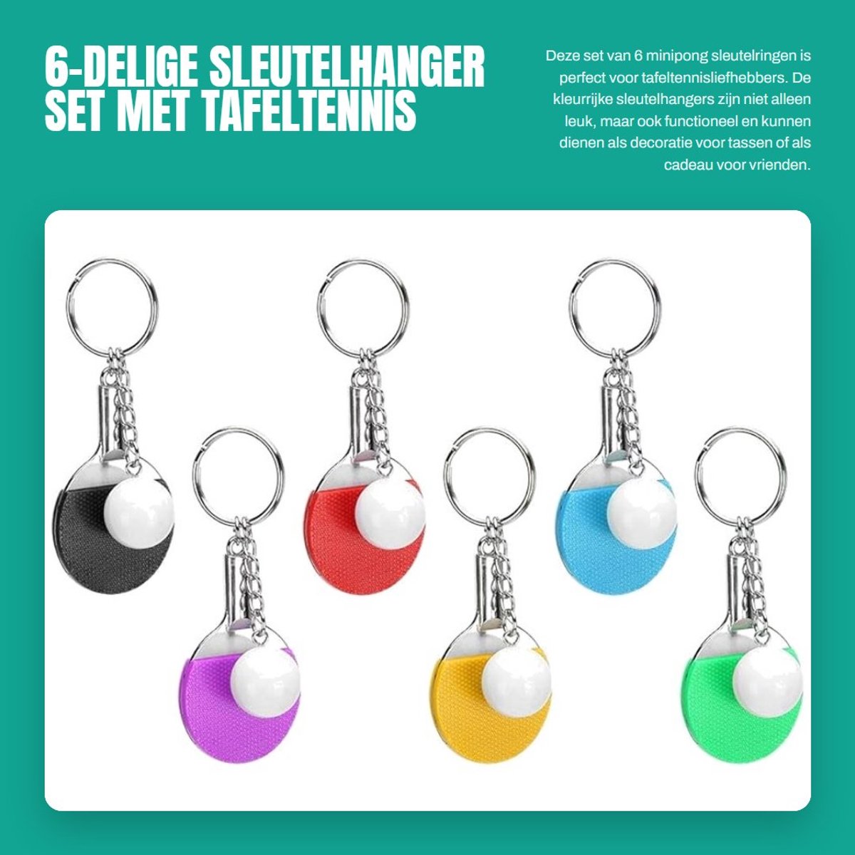 Dailygoods- Sleutelhanger Tafeltennisracket - 6-delige Set - Mini Sleutelhanger - Lichtgewicht - Draagbaar - Perfect als Cadeau