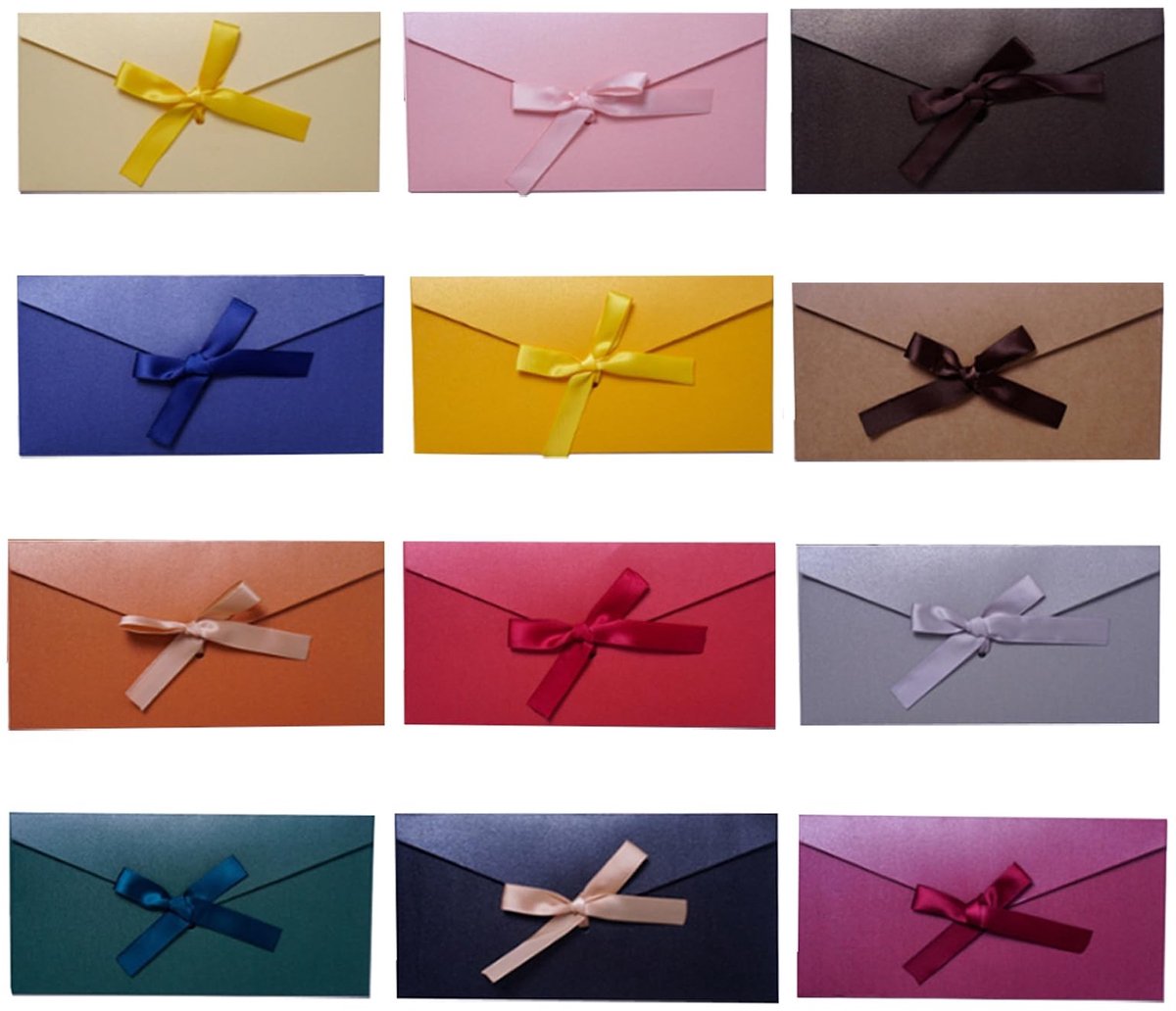 Dailygoods- Enveloppen 12 stuks - Veelkleurig Kraftpapier - Vintage Enveloppen - Bruiloft/Verjaardag - Met Linten - Afmetingen 22 x 10,8 cm - Brieven