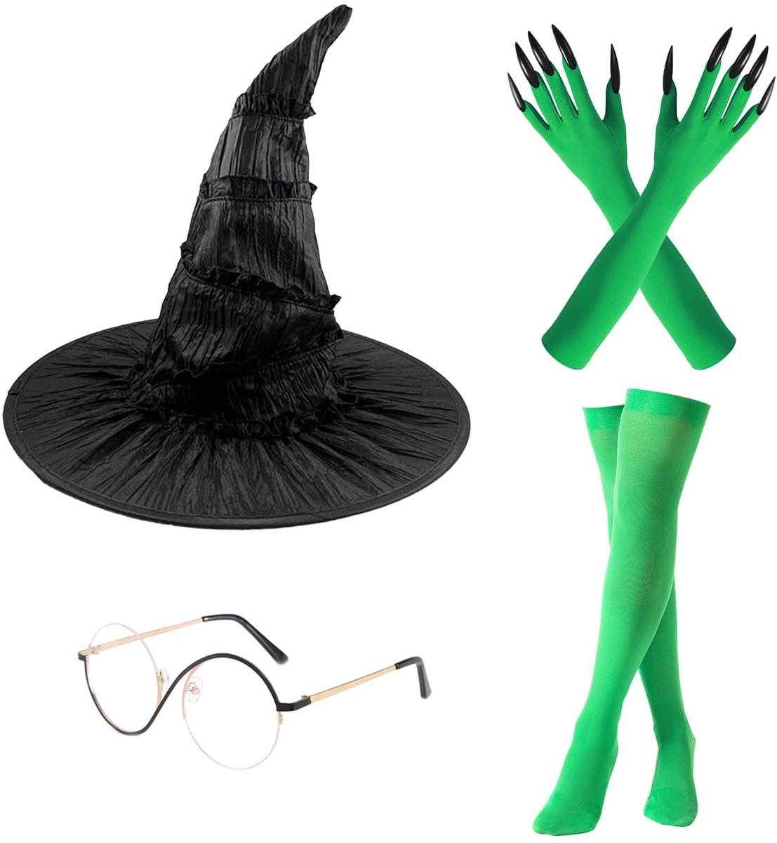 Dailygoods- Heksenkostuum - Heksenhoed - Handschoenen - Hoge Kousen - Elphaba-bril - Accessoireset voor Halloween/Carnaval - Heksenoutfit