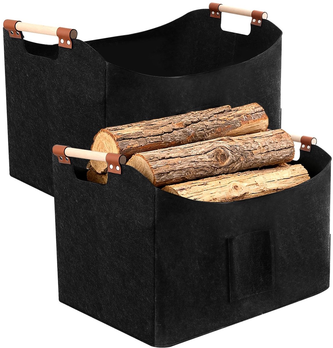 Dailygoods- Haardhoutmand set van 2 - Houten handgrepen - 60 x 40 x 40 cm - Donkergrijs - Opbergmand - Vilt materiaal