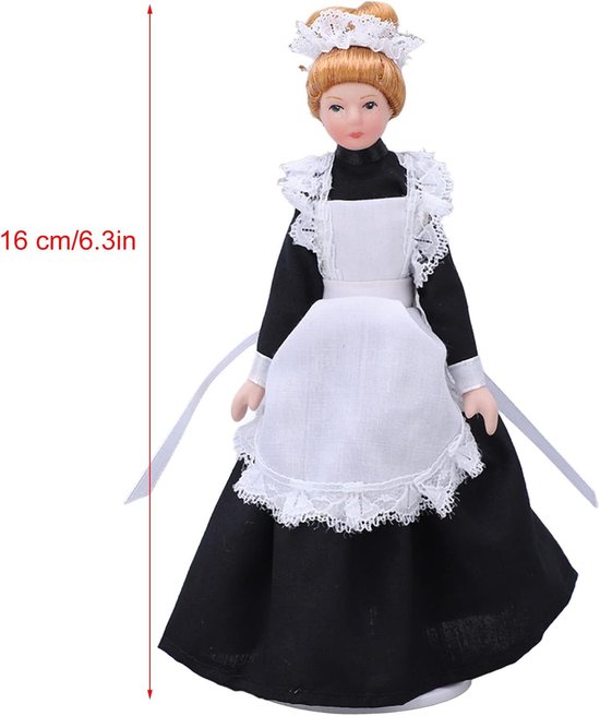 16cm / 6.3in dienstmeisje pop met zwart jurkje en witte schort.