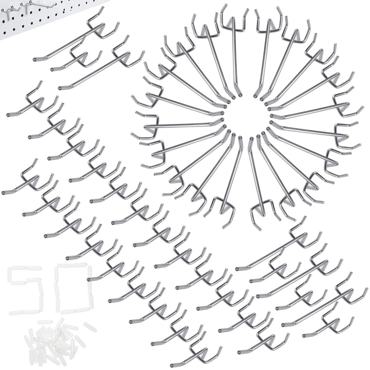 Dailygoods- Gatenwandhaken 50 Stuks - Steekbordhaken 25 mm - Gereedschapswand - Wandhaken - Zelfklevend - Lengte 10 cm/5 cm