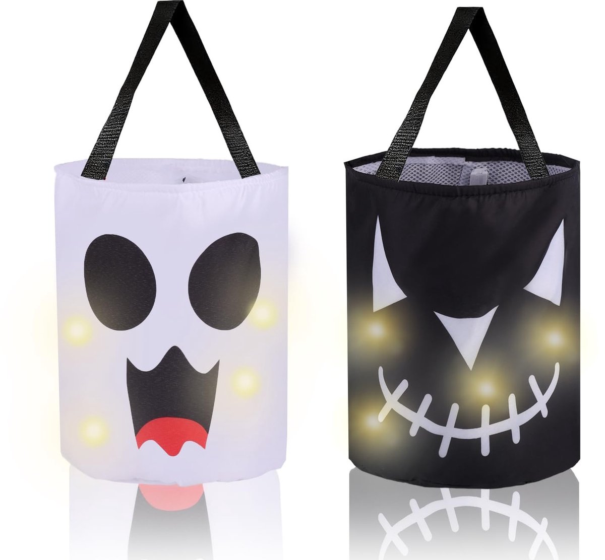 Dailygoods- Snoepemmer 25x30cm - 2 Stuks - Halloween Snoepbak - Polyester - LED Lampje - Herbruikbaar - Duurzame Handgreep - Snoepzak