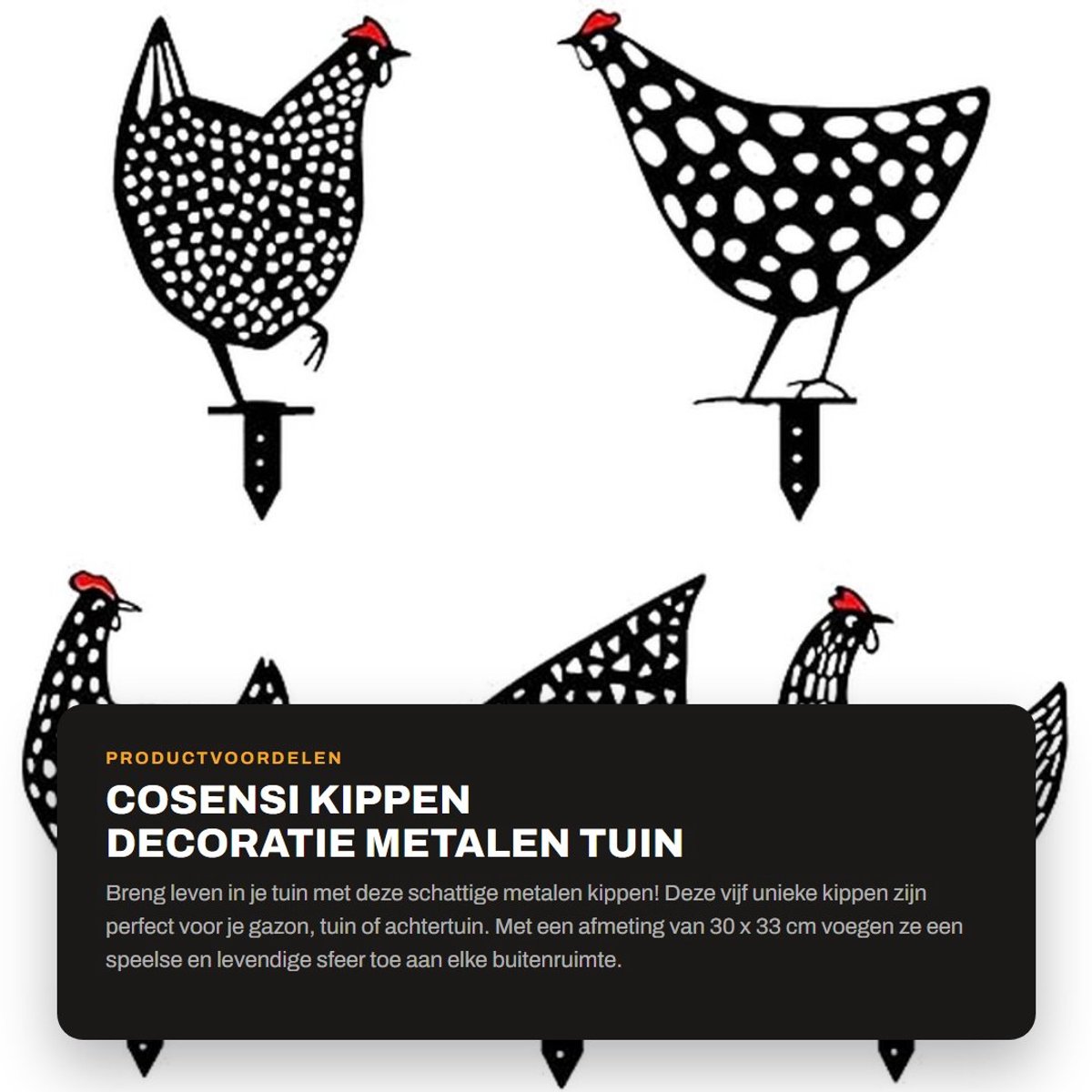 Dailygoods- Tuindecoratie 5 Stuks - Metalen Kippen - Buiten Ornamenten - Duurzaam - Waterdicht - Geschikt voor Tuinen - Tuinornament