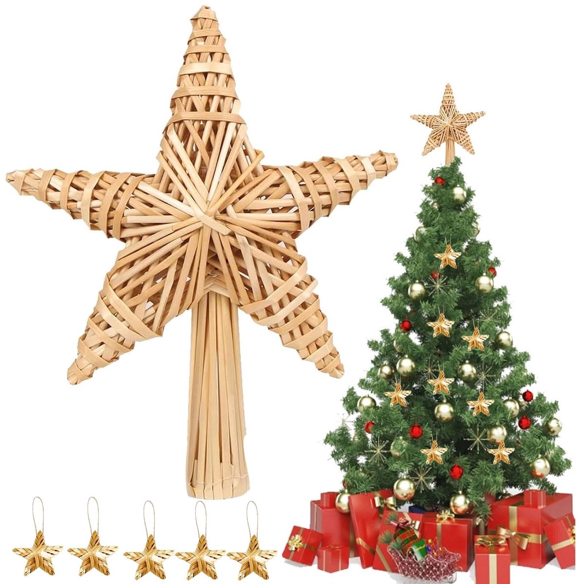Dailygoods- Kerstboompiek met Ster - Stroster - Kerstboomversiering - Driedimensionaal Effect - Klassiek Design - Glinsterende Sterren - Kerstboomster