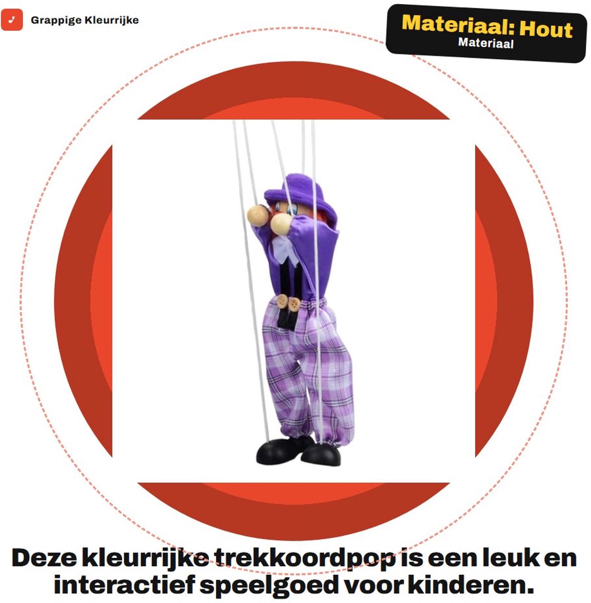Dailygoods- Trekkoordpop Grappig Ontwerp - Houten Clown