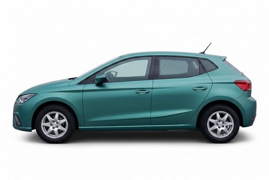 Vue latérale d'une Seat Ibiza vert turquoise sur fond blanc.