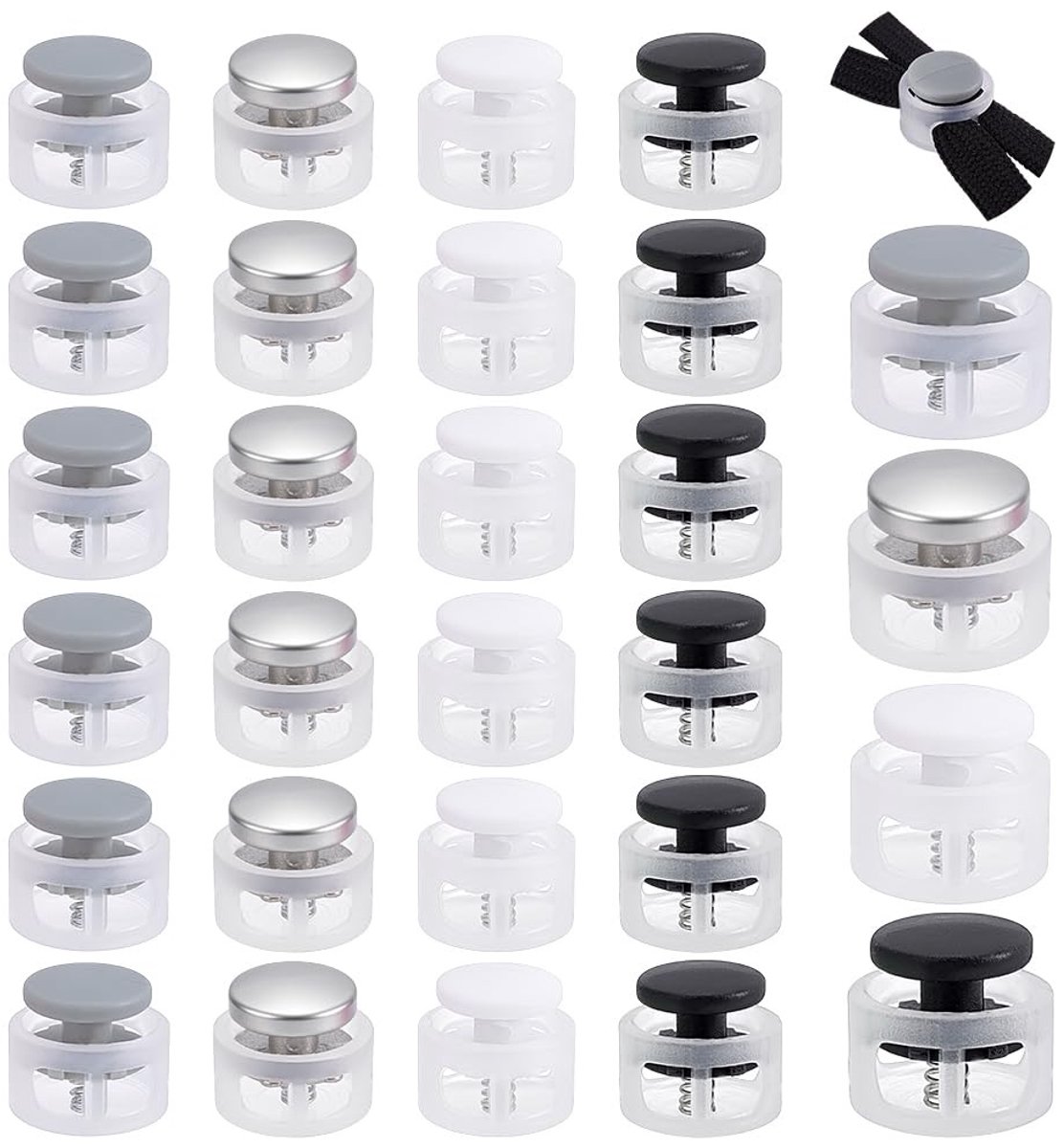 Dailygoods- Veerkoordslot 80 Stuks - Trekkoord Stopsluiting - Kunststof - 4 Kleuren - 16,5 mm - Geschikt voor Tassen/Rugzakken - Koordslot