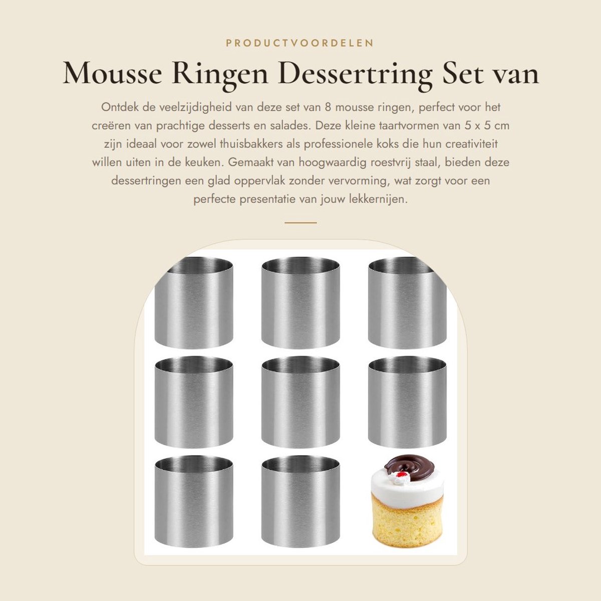 Dailygoods- Mousse Ringen - Set van 8 Stuks - Dessertringen - Roestvrij Staal - Mini-Taartring - 5 x 5 cm - Geschikt voor Desserts - Dessertring