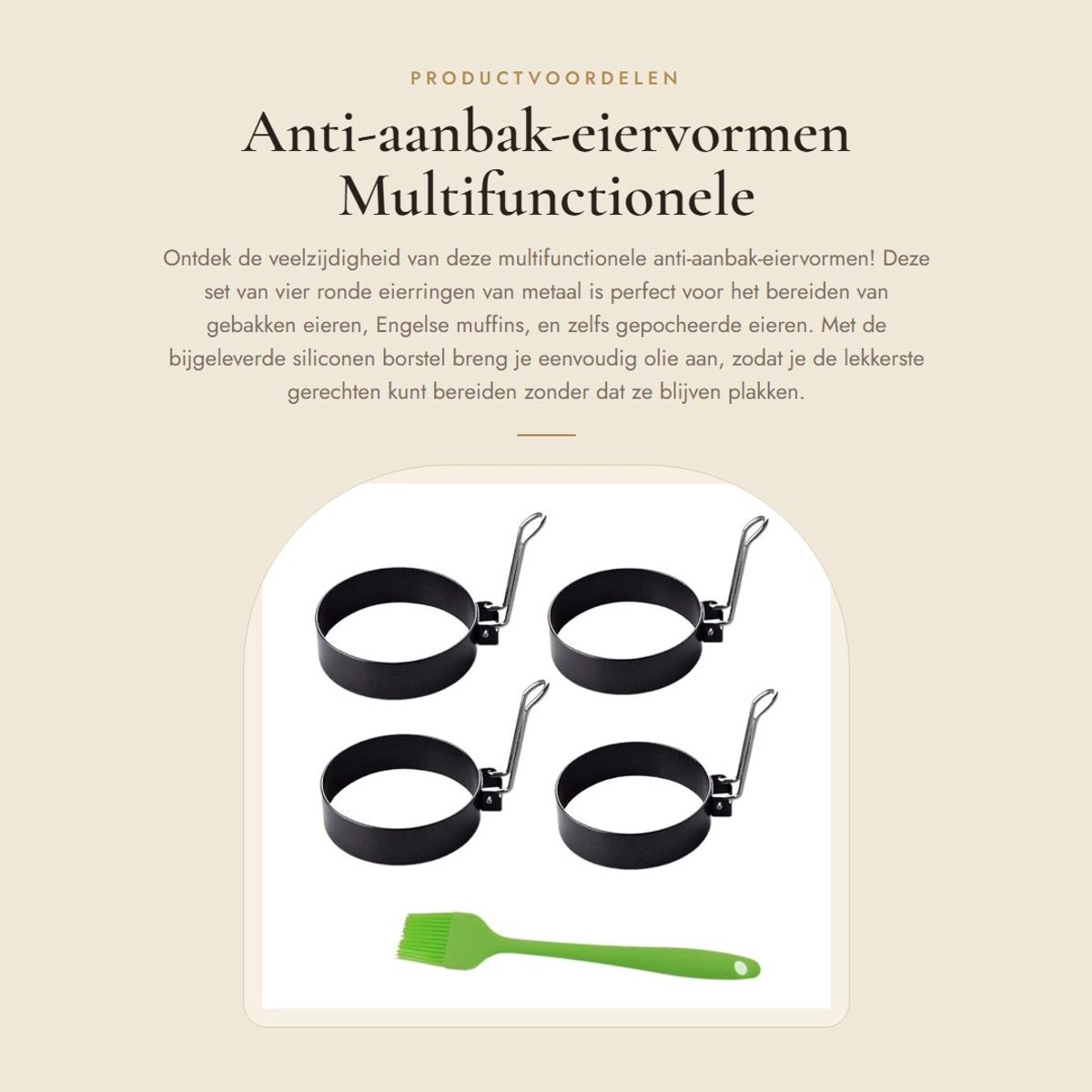 Dailygoods- Eiervormen 4 x Ronde Antiaanbaklaag - Metalen Eierringen - Siliconen Borstel - Multifunctioneel - Voor Pannenkoeken - Voor Gepocheerde Eieren - Eierring