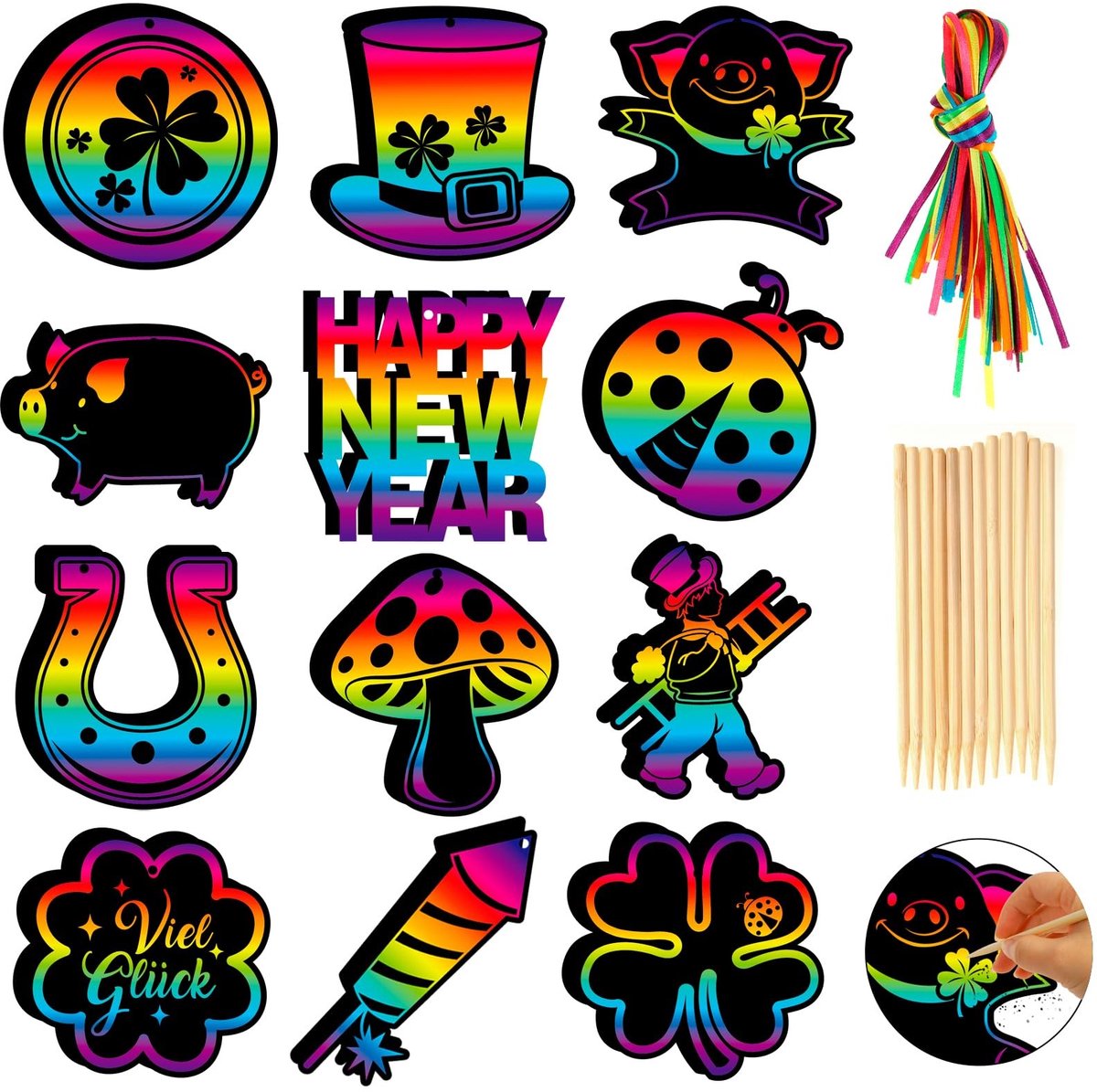 Dailygoods- Nieuwjaarsspelletjes 36 Stuks - Geluksbrenger - Hoefijzer - Geluksvarken - Oudejaarsavond - Cadeaukaarten - Geluksartikelen