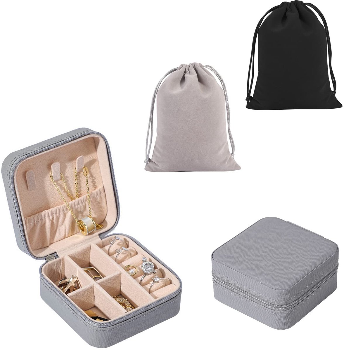 Dailygoods- Sieraden Organizer Lichtgewicht - Sieradendoos - Draagbare Organizer - PU Leer - Mini Reizen - 4 Compartimenten - Grijs - Sieraden Doos