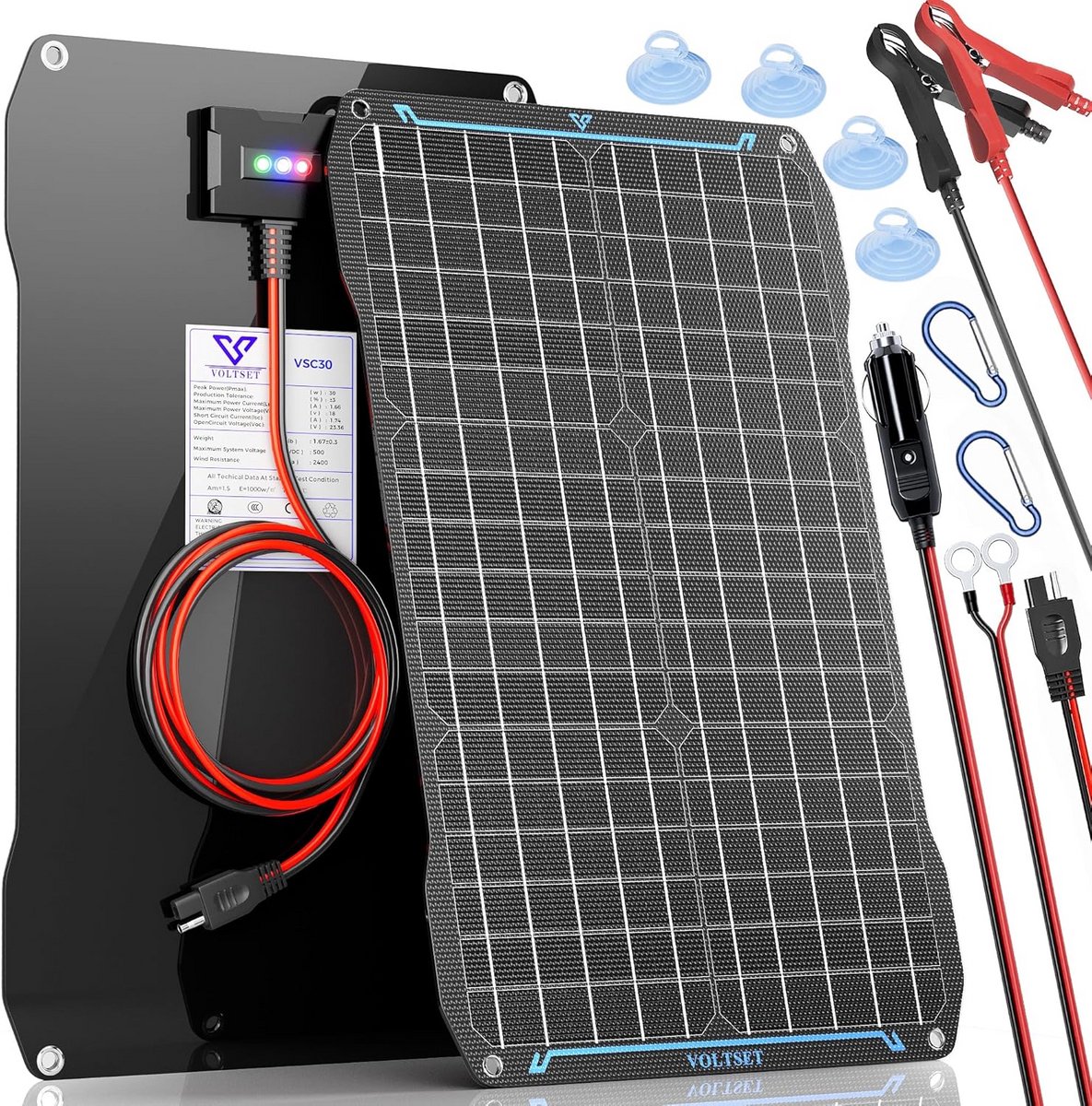Zonnepaneel Acculader - Draagbare Stroom - Batterij Onderhoud - Intelligente MPPT Chip - 30 Watt - Zwart