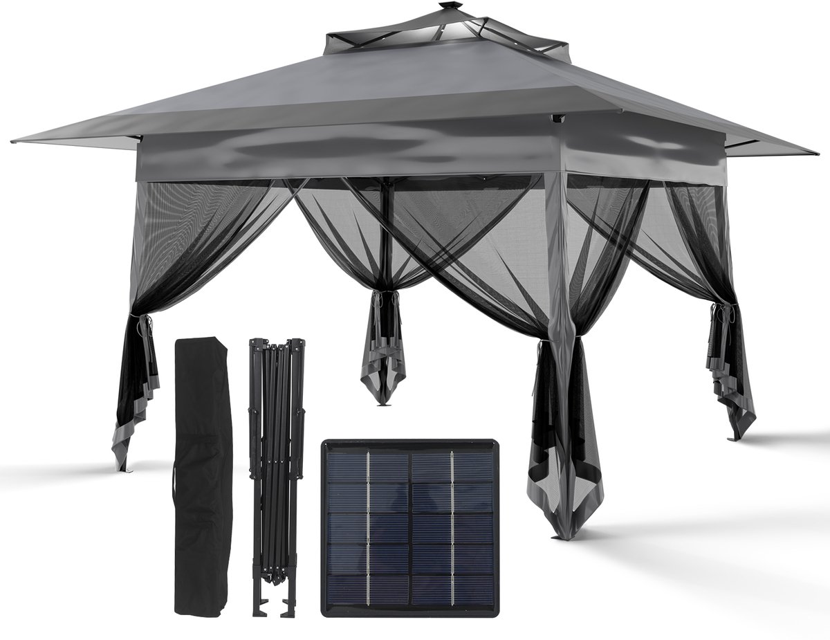 Puluomis - Tuinpaviljoen met waterafstotend dubbel dak - Met lampen op zonne-energie - Gazebo met UV-bescherming - Afmetingen (LxBxH) 3.6x3.6x2.9M - Vouwpaviljoen - 4 klamboe zijpanelen - Inclusief transporttas - Grijs