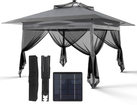 Puluomis - Tuinpaviljoen met waterafstotend dubbel dak - Met lampen op zonne-energie - Gazebo met UV-bescherming - Afmetingen (LxBxH) 3.6x3.6x2.9M - Vouwpaviljoen - 4 klamboe zijpanelen - Inclusief transporttas - Grijs