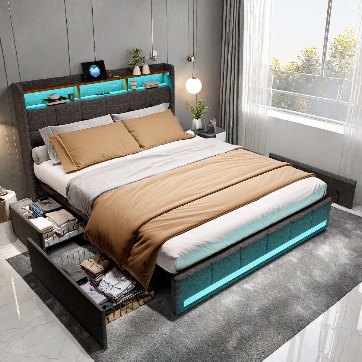 Opbergbed 180x200 met LED en USB-C – Gestoffeerd Tweepersoonsbed met 4 Laden en Lattenbodem – Linnen Grijs – Zonder Matras