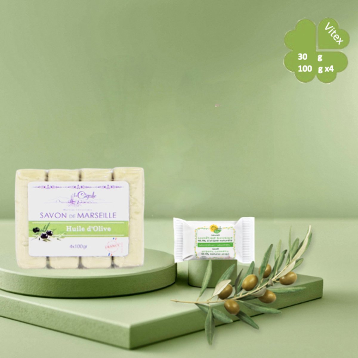 La Cigale Franse Marseillezeep Olijf & Glycerine – 4x100g Verzorgende Zeep + GRATIS BIO Zeepje 30g