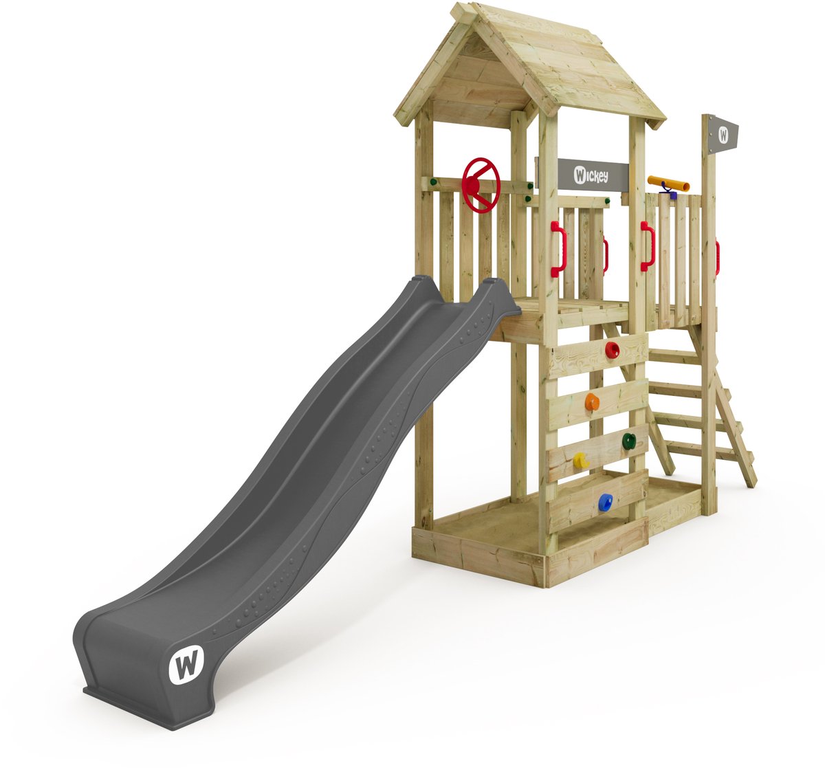 Wickey JoyFlyer Speeltoestel - Glijbaan met Houten Dak en Klimwand - Zandbak & Stuur - 429x84x263 cm - Grijs