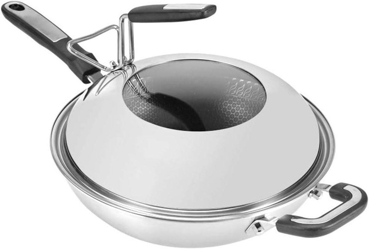 Wok Pan - Koekenpan Roerbak - Familie Maaltijden - Drie Lagen Composiet - 32cm Diameter - RVS
