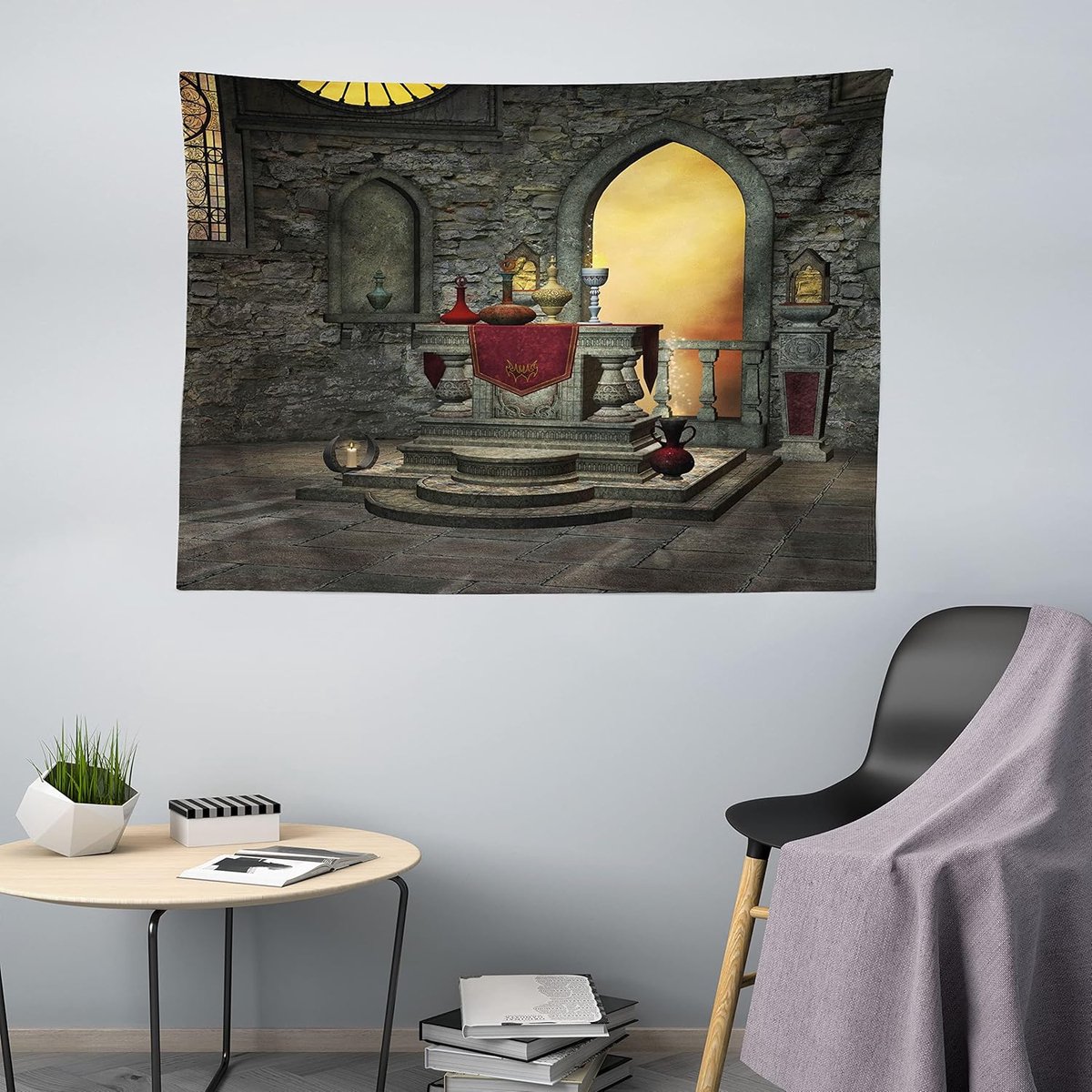 ABAKUHAUS gotisch wandtapijt, altaarontwerp, woonkamer slaapkamer wanddoek zijdezacht satijn wandtapijt, 200 x 150 cm, Reseda groene mosterd