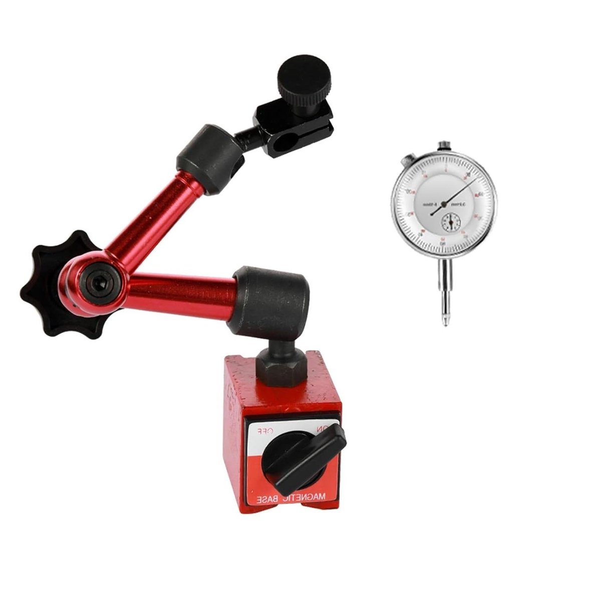 Meetklok Set - Meetgereedschap Precisie - Werkstuk Meting - Flexibele Magnetische Voet - 0.01 mm Nauwkeurigheid - Zilver Rood