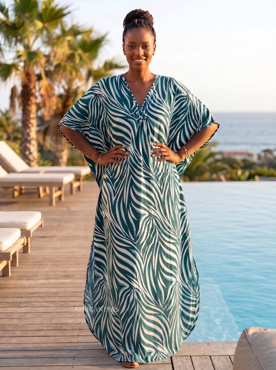 Boho rayon kaftan jurk - Groen Wit Palm Waves - Strand Cover Up Caftan Maxi Jurk