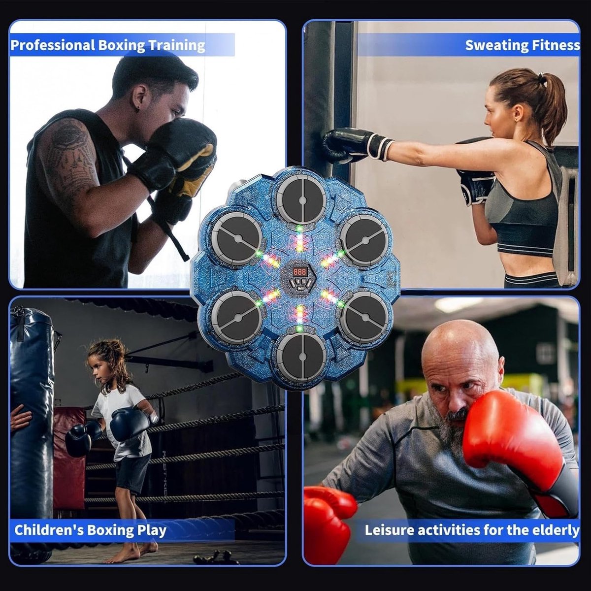 Bokstrainer met Muziek - Wandtrainer Fitnessapparaat - Interactieve Training - 9 Snelheidsniveaus - 35 x 34 x 6 cm - Blauw