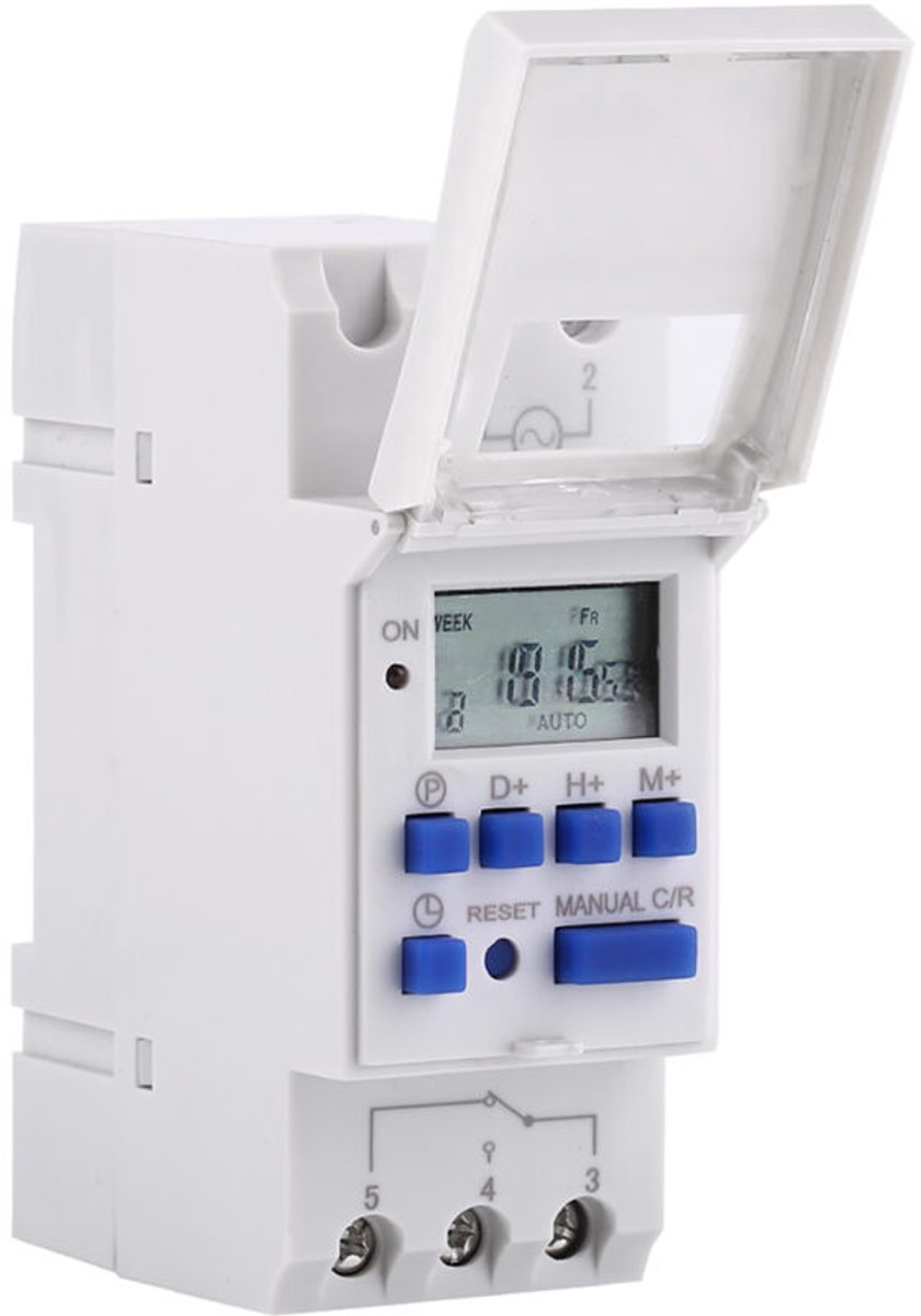 Programmeerbare weektimer, relais, met lcd-display, 16-segments aan- en 8-segments uit-timer, AC/DC 12V.