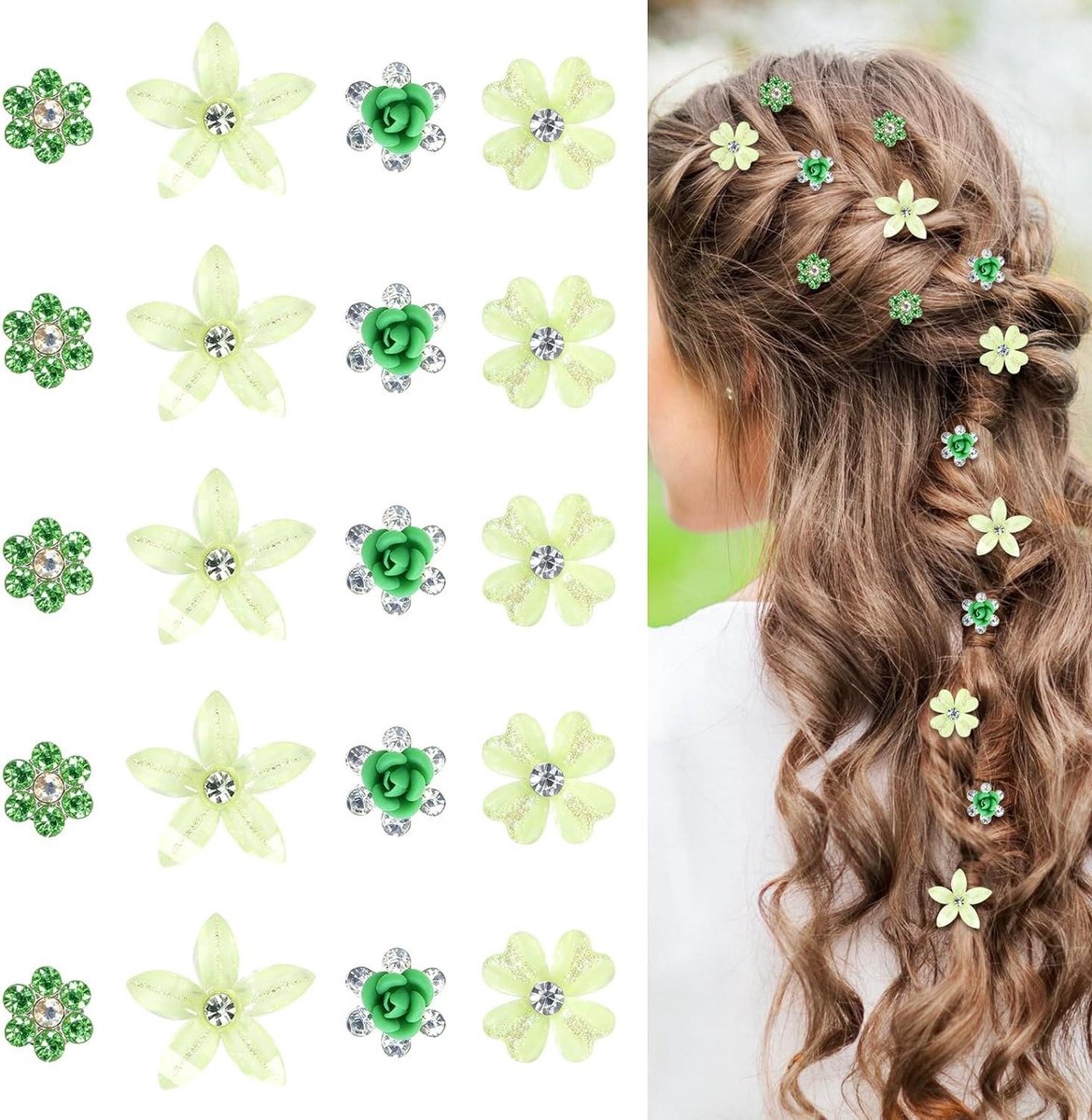 Bloemen Haarspelden - Mini Clips - Feestelijk Kapsel - Met Strass Steentjes - 20 Stuks - Groen