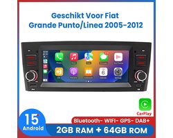 Awesafe 6.86 Inch Autoradio - Geschikt Voor Fiat Grande Punto/Linea 2005 t/m 2012 - Draadloos Apple CarPlay & Android Auto - 2GB+64GB - Android 15.0 Systeem - Bluetooth & Wifi - GPS Navigatie - Radio Scherm - 2005 2006 2007 2008 2009 2010 2011 2012