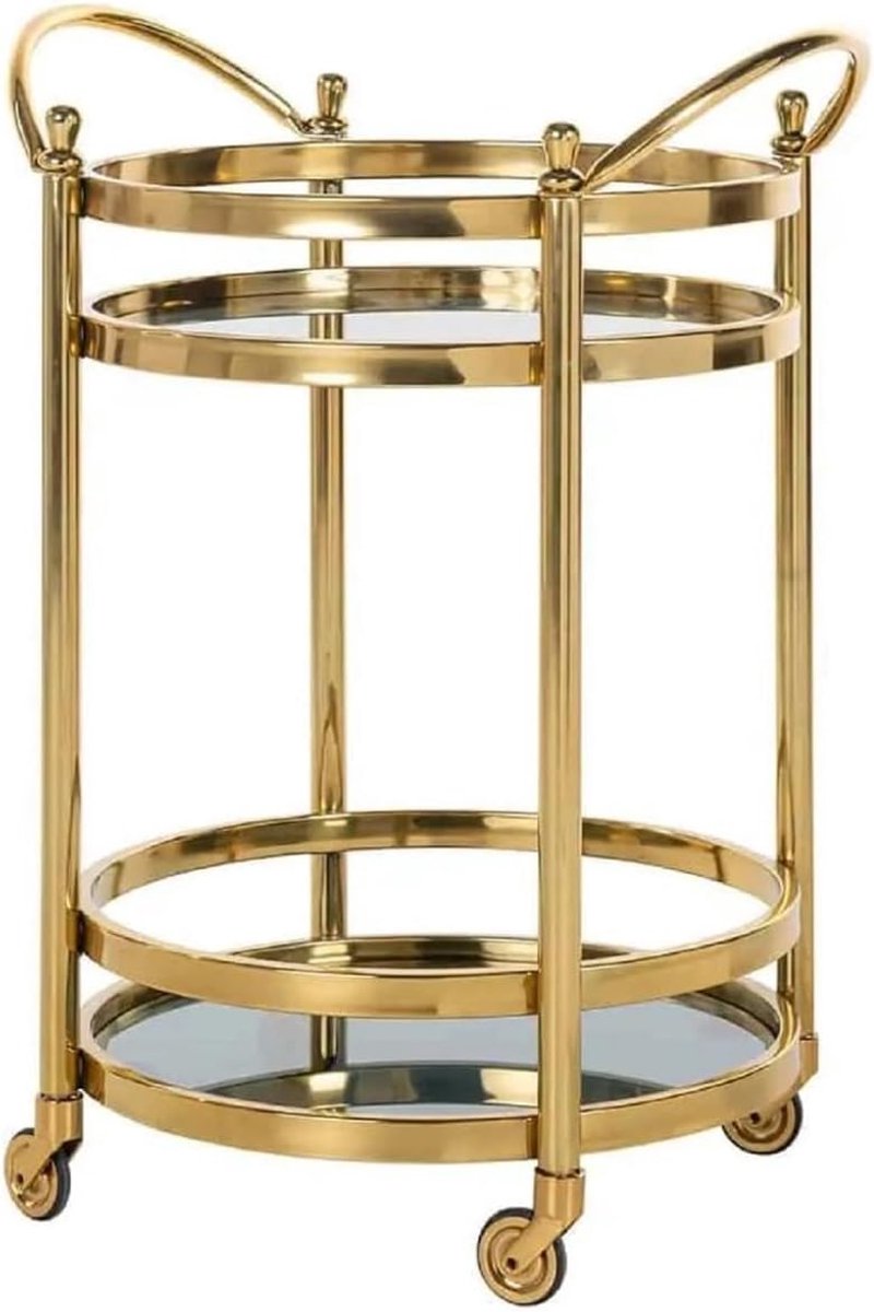 Serveertrolley op Wielen 55 x 45 x 74,5 cm Goud RVS & Glas – Luxe Bar Cart Hotel Trolley Drankwagen Keukentrolley Voor Restaurant Woonkamer Horeca – Mobili Bella