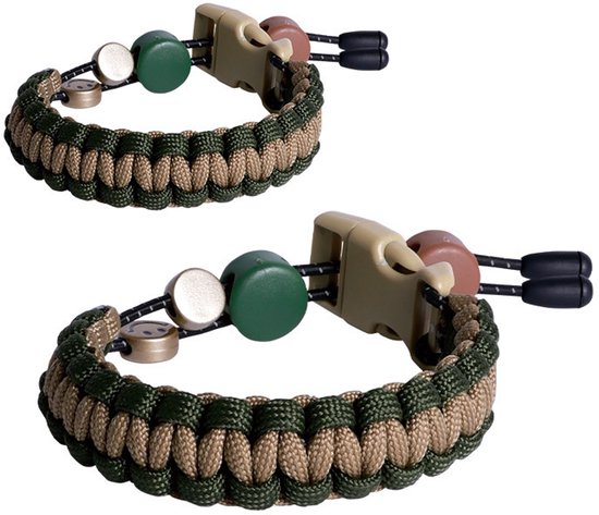 Twee kaki en groene paracord polsbanden met gesp, groen en bruin kralen.