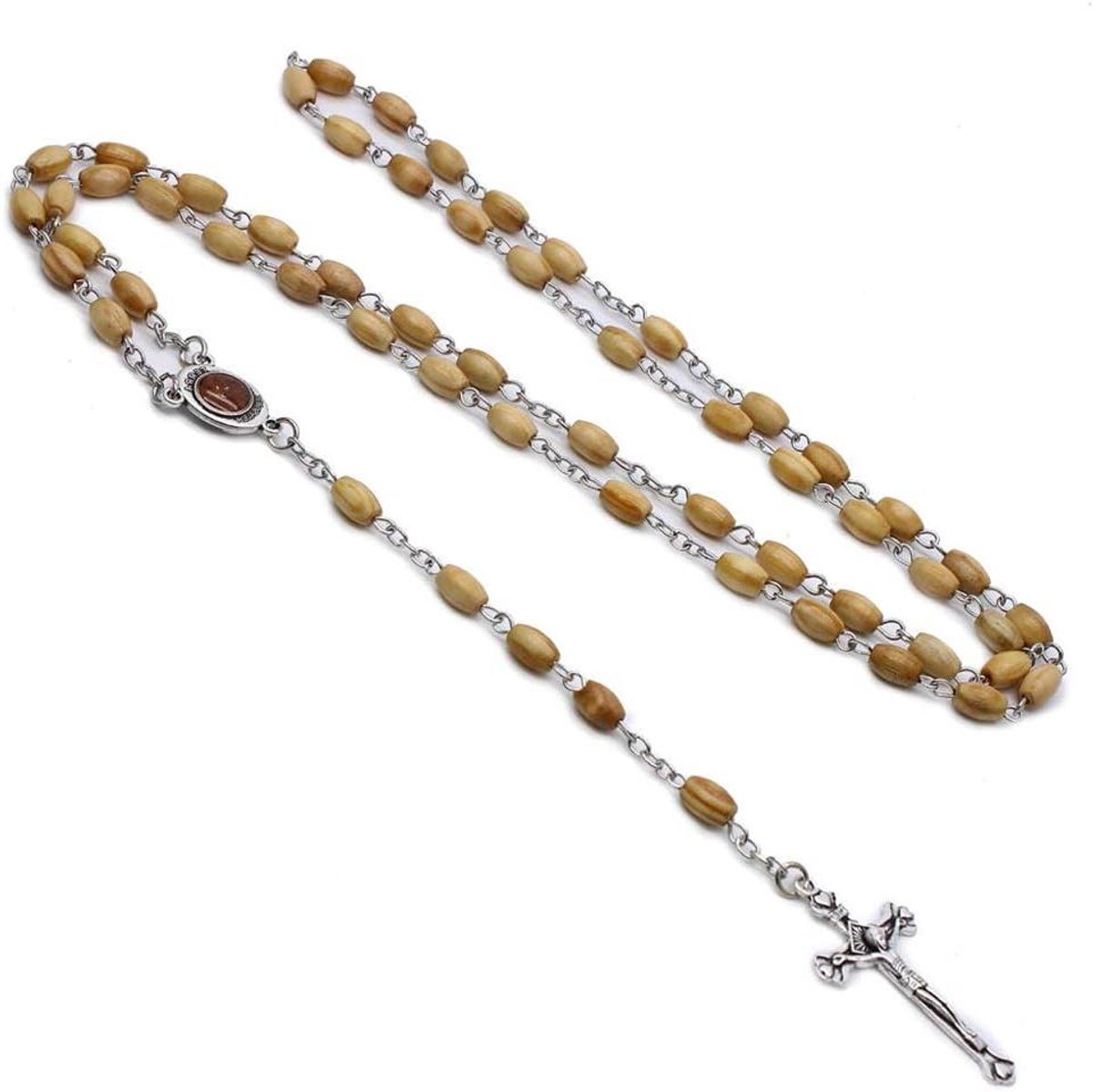 Houten Rozenkrans - Gebedssnoer Ketting - Spirituele Uiting - Handgemaakt Ontwerp - 70cm + 15cm - Houtkleur