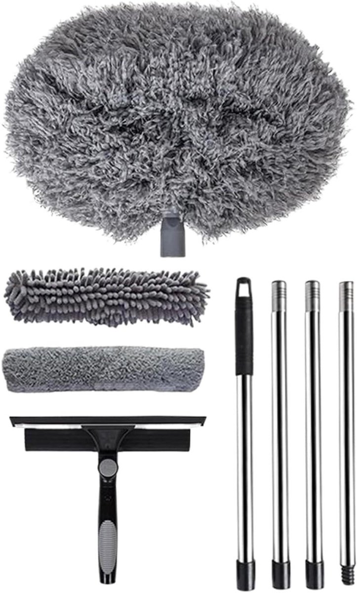 Stoffer met Telescoopsteel - Pluizenborstel Raamwisser - Hoge Oppervlakken Reinigen - Flexibel Uitschuifbaar - 169 cm - Grijs