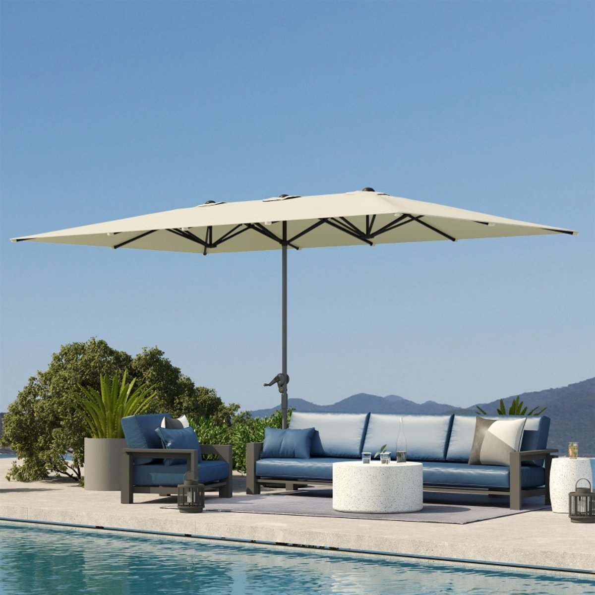 MODENUIT Parasol – Dubbelzijdig 451 x 264 cm – Polyester, Aluminium – Crèmewit – Met Slinger voor Tuin