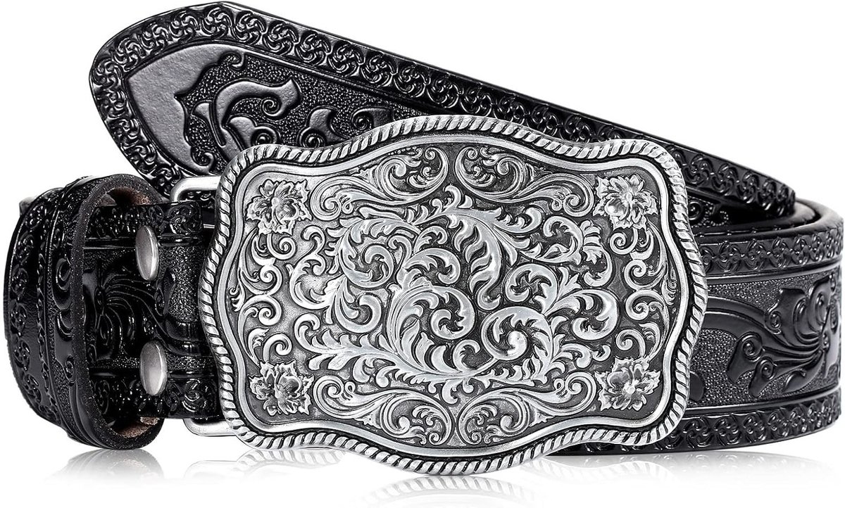 Heren Cowboy Western Leren Buckle Riem met Gegraveerde Bloemen, Vintage Geperst, 1-1/2 Inch Breed, Zwart, 45 Inch, Duurzaam en Stijlvol Accessoire