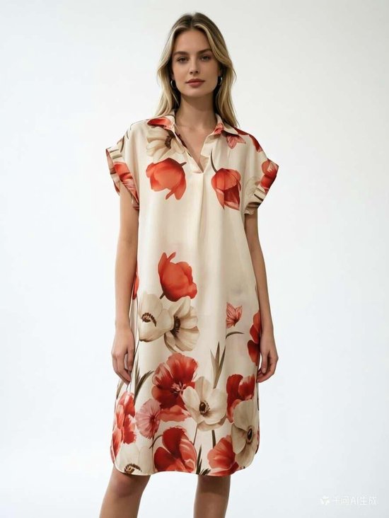 NG Fashion - Robe d'été femme - Robe de plage - Robe chemise à imprimé floral -26001- Taille unique (38-42) rouge