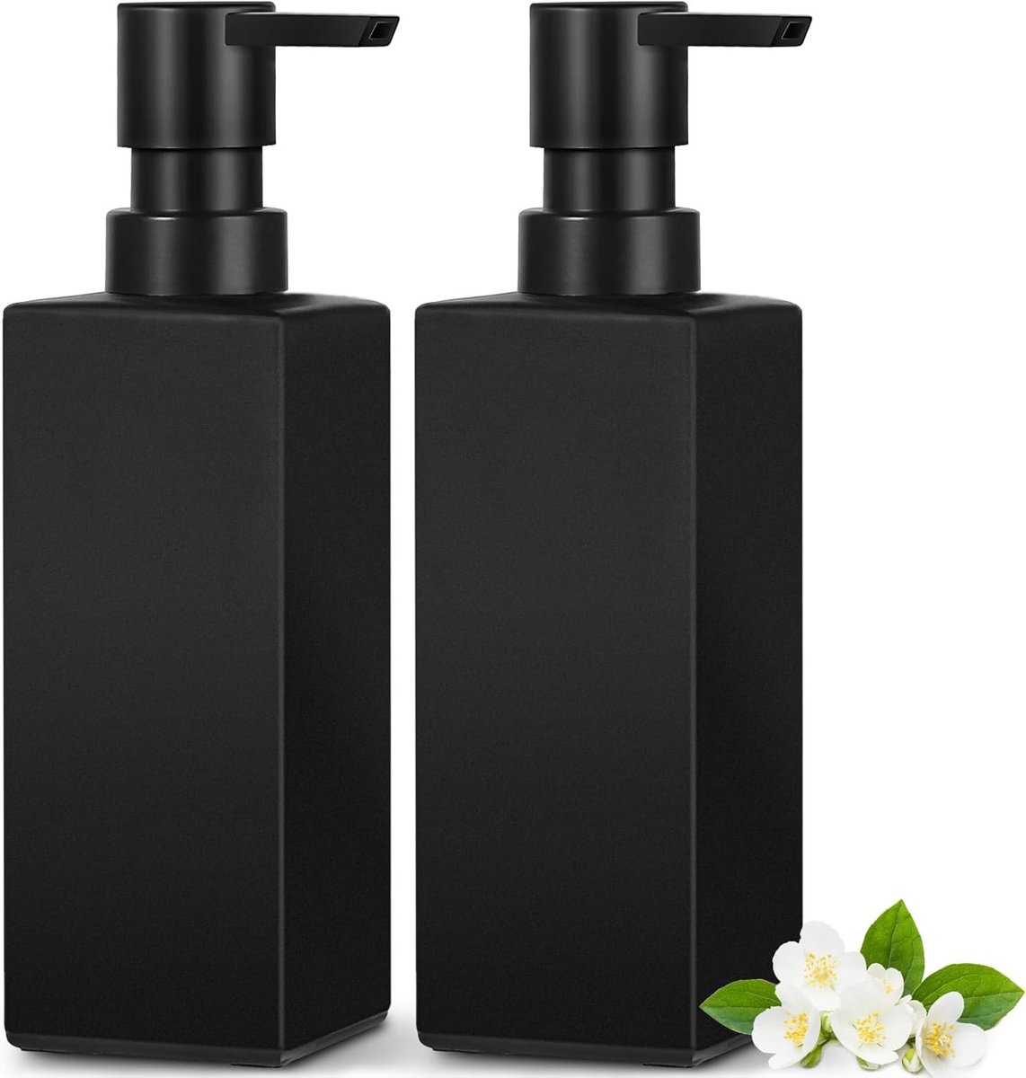 Set van 2 Moderne Zeepdispensers voor Badkamer en Keuken, 350 ml, Zwart Glas met Waterdichte Labels, Handzeep en Vaatwasmiddel Dispenser