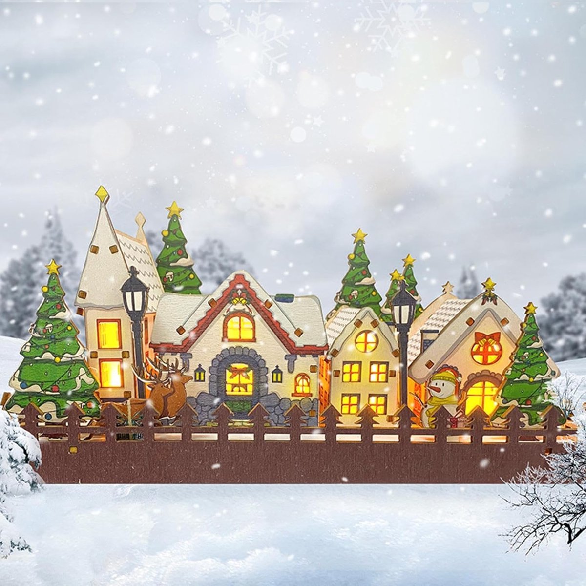 Kerstdorp Hout - Verlichte Huisjes - Feestelijke Decoratie - Complete Set - 35x28x5 cm - Niet gespecificeerd – foto 5