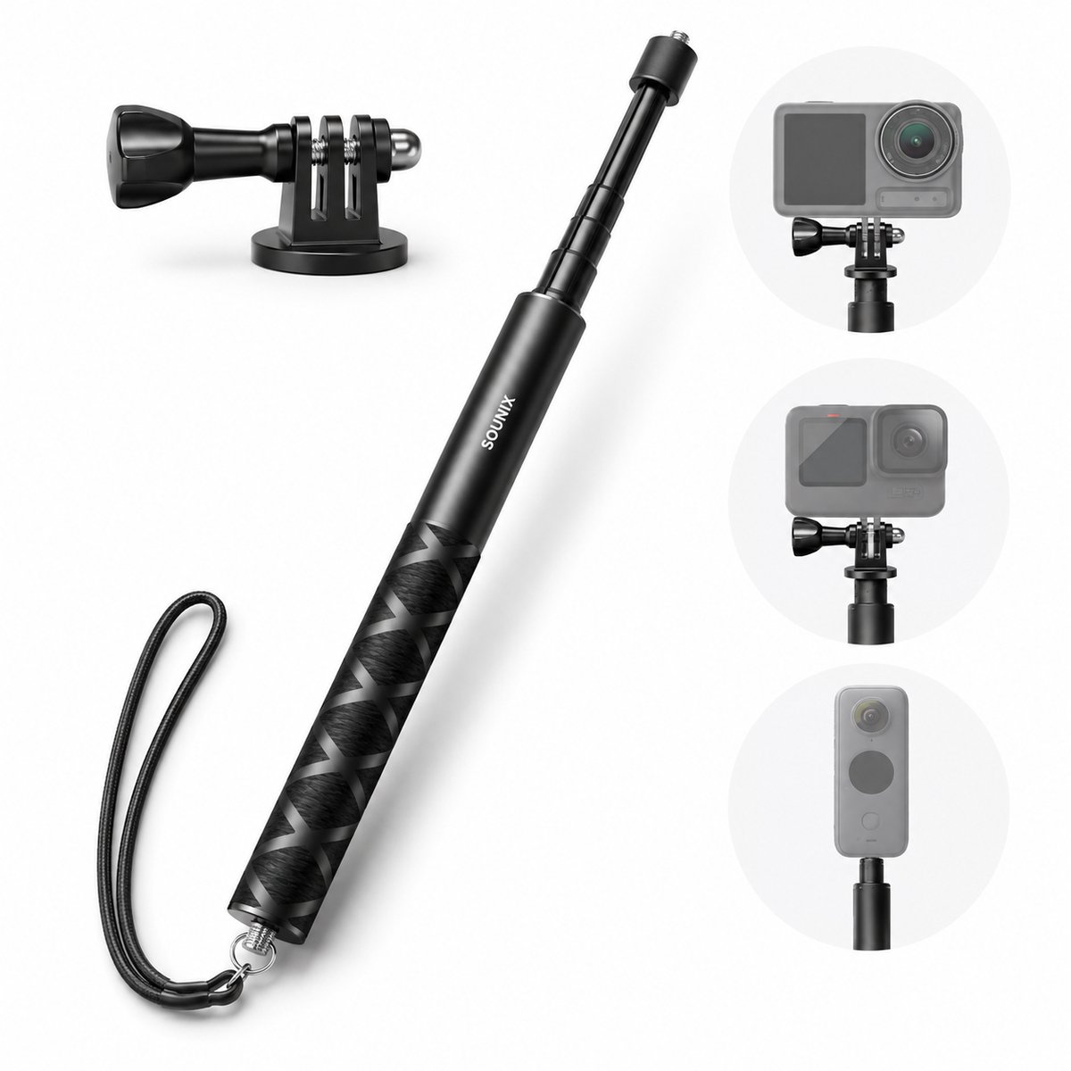 Sounix Telefoon Statief - Tripod Statief - SelfieStick voor actioncamera en smartphone - 114cm - met 1/4 Schroef voor GoPro, Action Cameras, DJI OSMO, Insta360 - Zwart