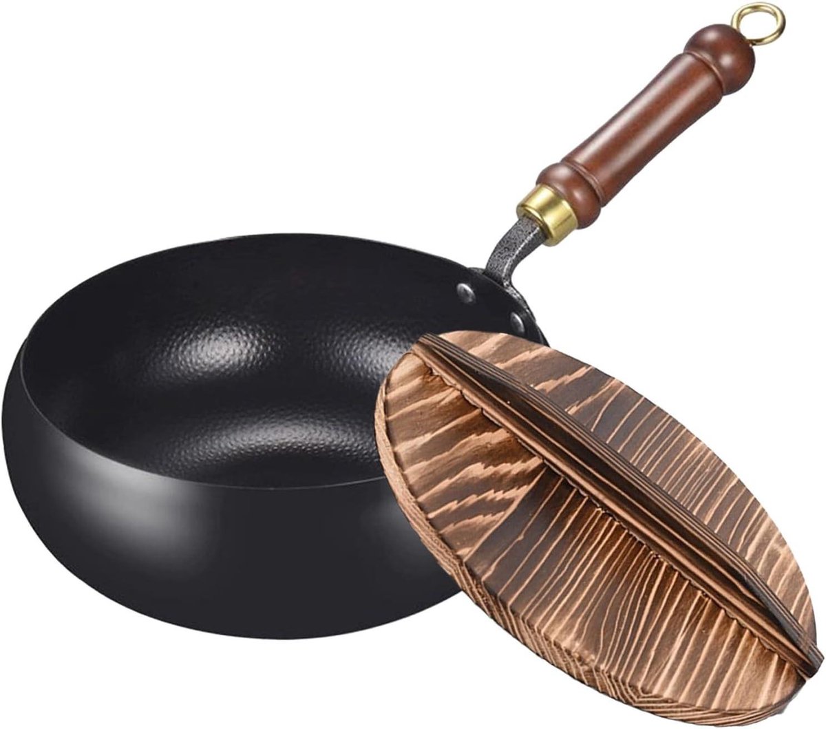 Traditionele Wokpan Platte bodem pan Dagelijks koken Hittebestendig krasvrij 24cm Zwart hamerpatroon