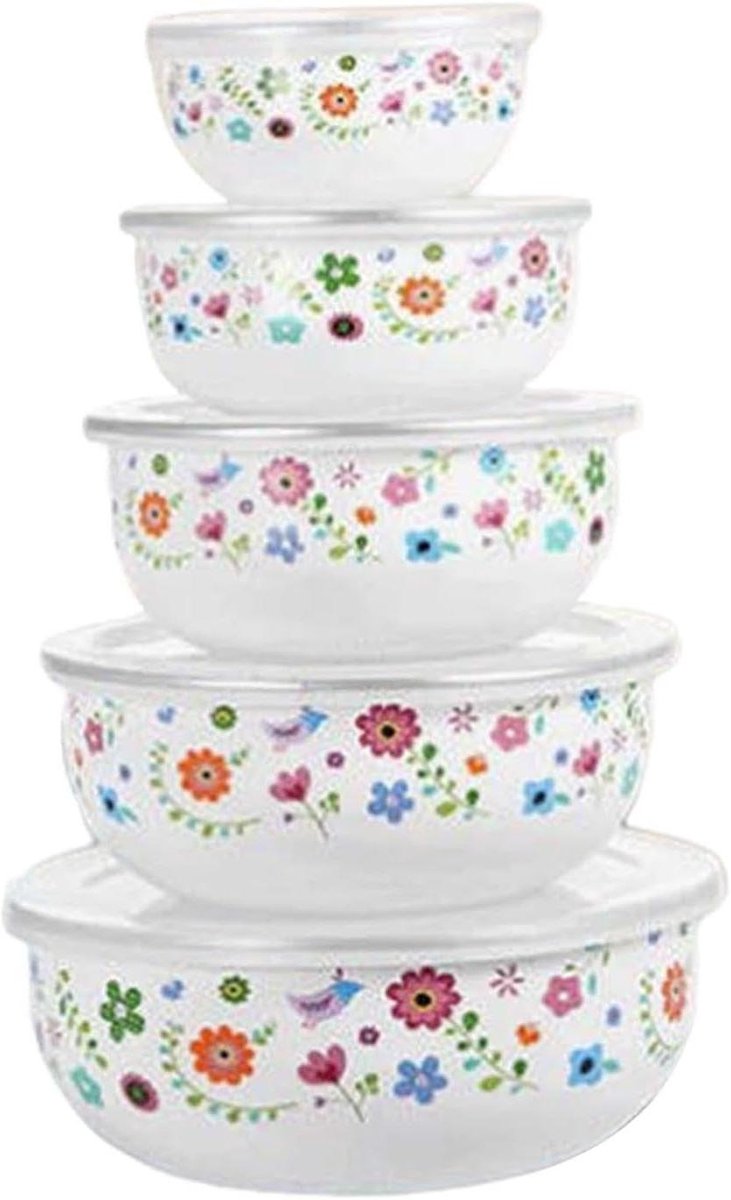 Mengkom Set - Keuken Beker - Bakken En Koken - 5 Delig Met Deksel - 10-18 Cm - Bloemenprint