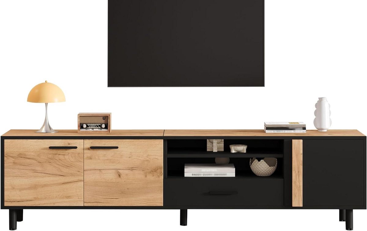 TV Kast - Tv Meubel - Woonkamer Opbergen - Met Lade En Deuren - 180 cm Breed - Zwart Houtkleur
