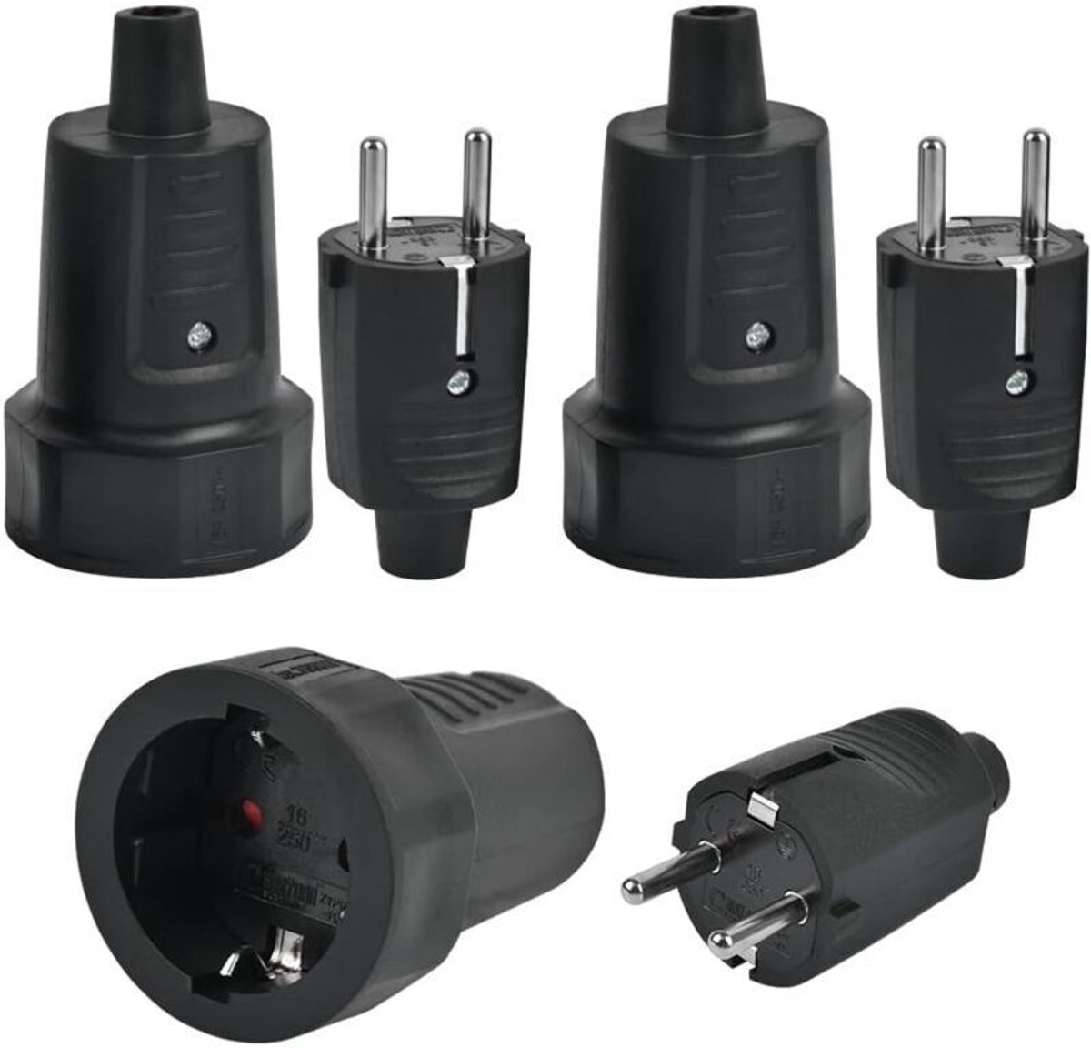 stekker (mannelijk) en 3 stopcontacten (vrouwelijk), 2-polige 250V 16A stekker, rubberen dop, waterdicht stopcontact, stekkers (mannelijk en vrouwelijk) geschikt voor buitenkabels.