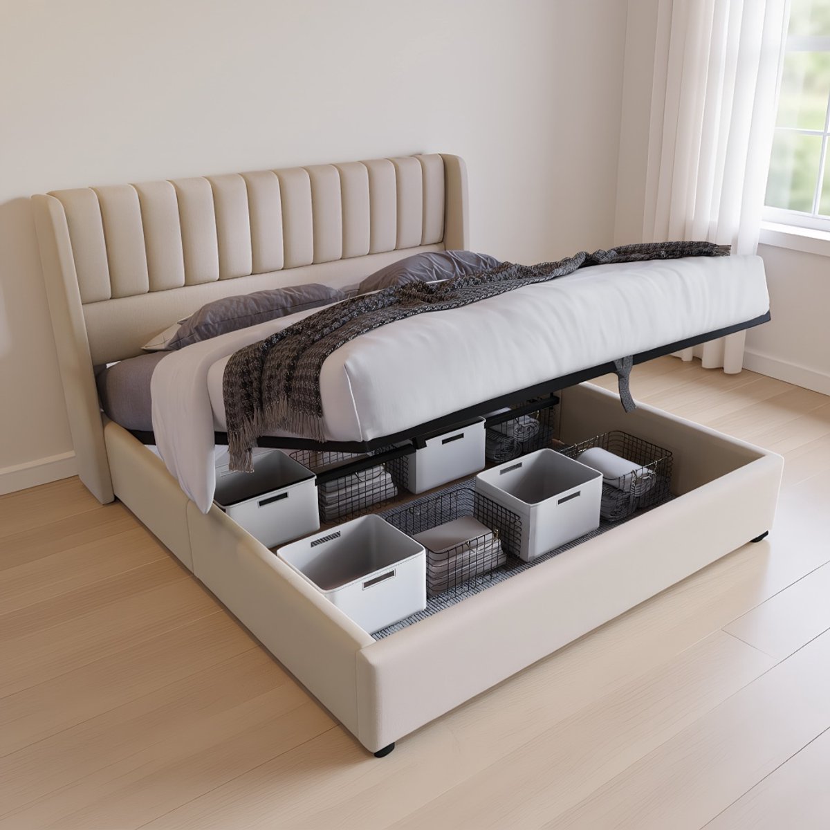 Gestoffeerd Opbergbed 160x200 met Hydraulische Lift – Tweepersoonsbed met Lattenbodem en Hoofdbord – Linnen Beige – Zonder Matras