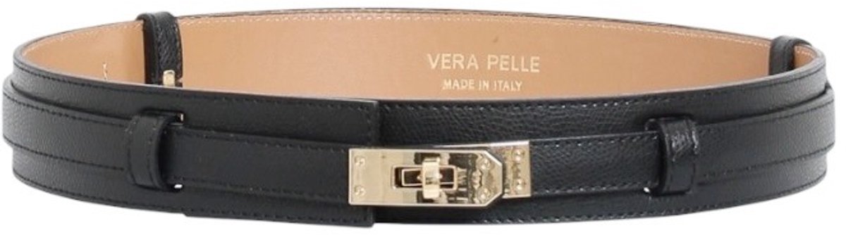 Zwarte Leren Riem Gouden Draaislot - Verstelbare Brede Dames Riemen - Verstelbare van 72 cm tot 109 cm - Made In Italy - Trendy Chique Riemen - Zwart