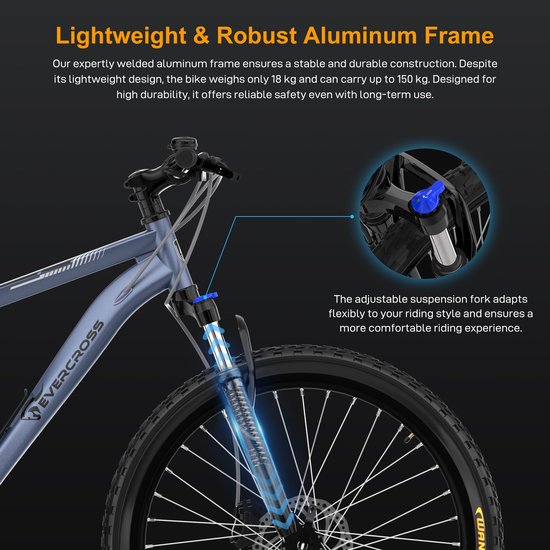 Close-up van de verende voorvork van een blauwgrijze mountainbike.