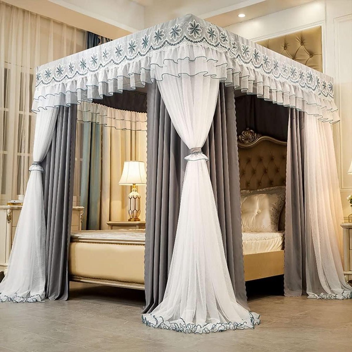 Hemelbed Gordijnen - Hemelbed Hoes - Romantische Sfeer - Dubbellaags Ontwerp - 150 x 200 cm - Grijs