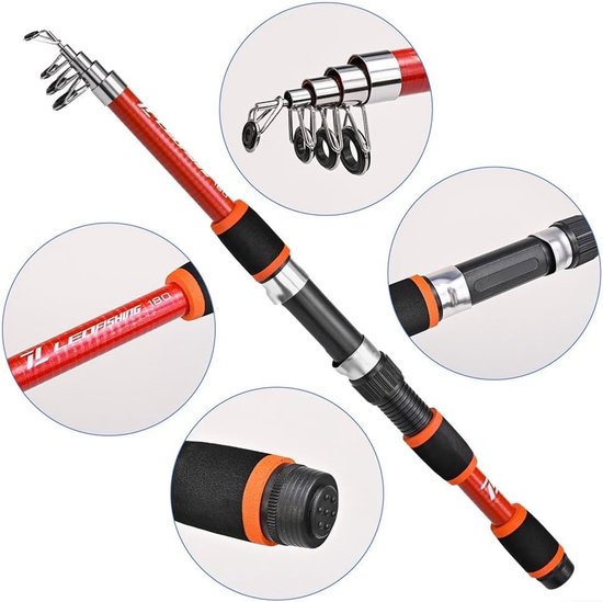 Vishengel Telescopisch - Opvouwbare Hengel - Vissen Op Locatie - Compact En Draagbaar - 180 cm Uitgeschoven - Rood — afbeelding 4