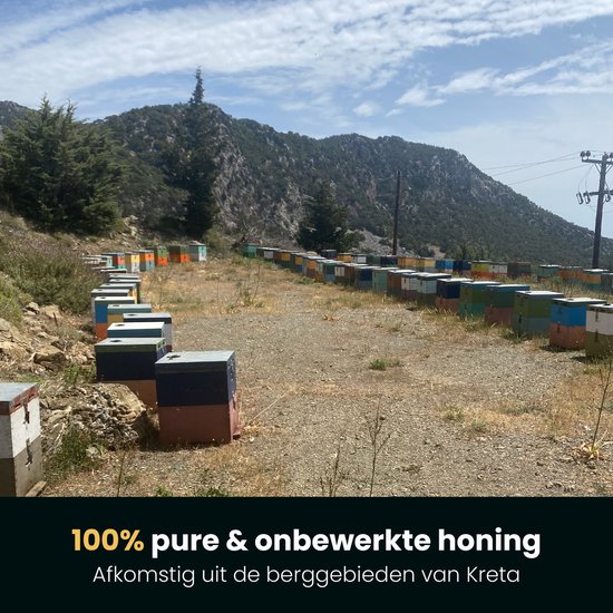 Honderden kleurrijke bijenkorven in rijen op een zonnige, heuvelachtige locatie. "100% pure & onbewerkte honing. Afkomstig uit de berggebieden van Kreta."